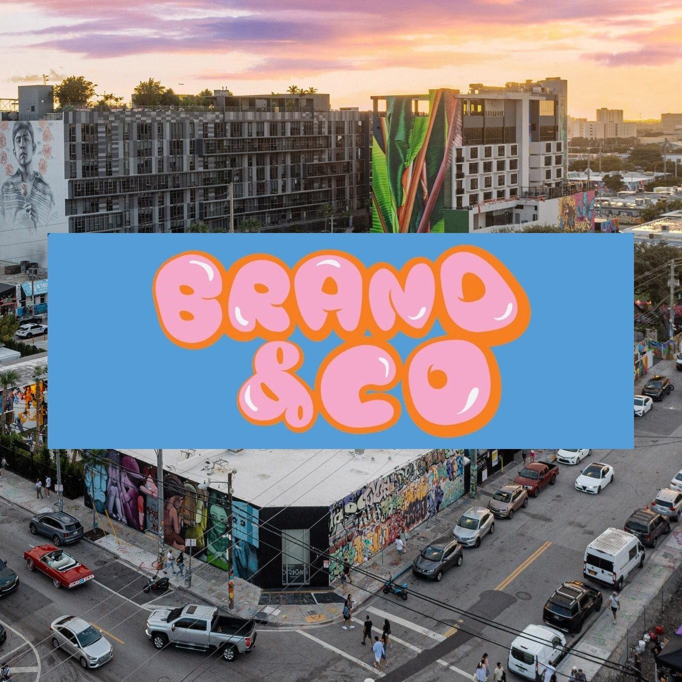 brand & co bubble-letter logo over a wynwood, miami graffiti wall
